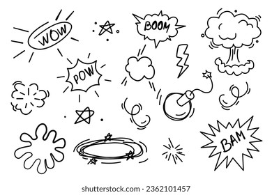 Hand Drawn Explosion, Bomb Element. Cartoon Splash, Exclamation Smoke. Vector Illustration.