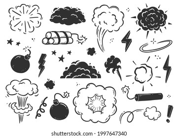Explosión dibujada a mano, bomba, elemento de humo. Dibujo cómico de doodle. Nube de bomba, dinamita, señal de estrella. Ilustración vectorial.
