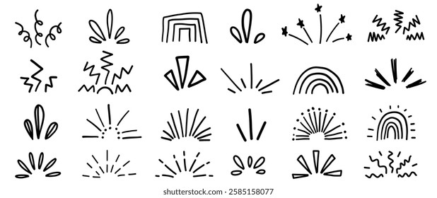 Hand drawn explosion emotional exclamation doodle set. Simple crayon pencil comic splash wow cartoon collection.