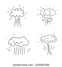 Explosión dibujada a mano, elemento de bomba de hongos nucleares. Estilo de dibujo de Doodle. Ilustración vectorial aislada en blanco.