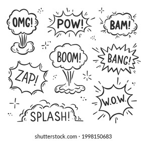 Hand drawn explosion speech bubble, splash smoke element. Comic doodle sketch. Explode speech bubble with pow, boom, omg text. Vector illustration.