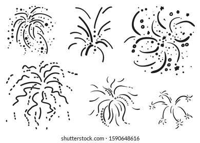 Hand drawn explosions. Set of holiday fireworks on isolated white background. Black and white illustration
