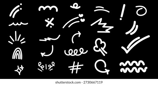 Conjunto de símbolos de acento y marcas de doodle de movimiento de expresiones dibujadas a mano