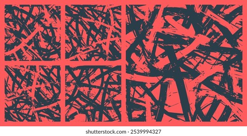 Hand Drawn Expressive Crosswise Dry Smears Grunge Seamless Pattern Vector Set Red Black Abstract Background. Artistic Handdrawn Tangled Strokes Endless Textures Bundle. Grungy Style Art Illustrations