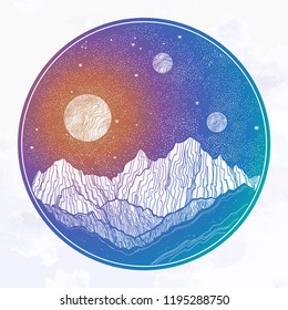 Hand drawn extraterrestrial night sky with mountains landscape, planet,moon, nature elements. Isolated vintage vector illustration. Invitation. Tattoo, travel, adventure, outdoors retro symbol.