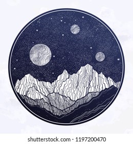 Hand drawn extraterrestrial night sky with mountains landscape, planet,moon, nature elements. Isolated vintage vector illustration. Invitation. Tattoo, travel, adventure, outdoors retro symbol.