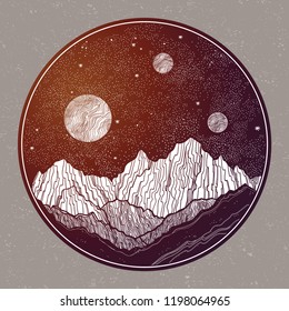 Hand drawn extraterrestrial night sky with mountains landscape, planet,moon, nature elements. Isolated vintage vector illustration. Invitation. Tattoo, travel, adventure, outdoors retro symbol.