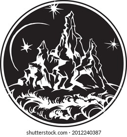 Hand drawn extraterrestrial night sky with mountains landscape,sea, moon, nature elements. Isolated vintage vector illustration. Invitation. Tattoo, travel, adventure, outdoors retro symbol