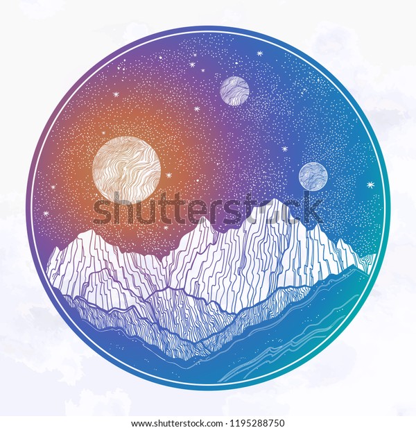 Hand drawn extraterrestrial night sky with\
mountains landscape, planet,moon, nature elements. Isolated vintage\
vector illustration. Invitation. Tattoo, travel, adventure,\
outdoors retro symbol.