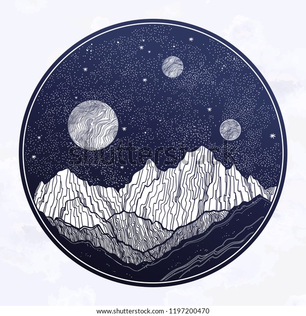 Hand drawn extraterrestrial night sky with\
mountains landscape, planet,moon, nature elements. Isolated vintage\
vector illustration. Invitation. Tattoo, travel, adventure,\
outdoors retro symbol.