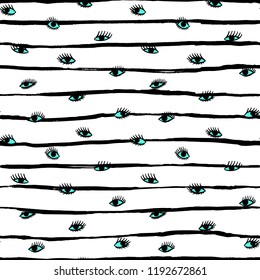 Hand drawn eye doodles icon seamless pattern in retro pop up style. Vector beauty illustration of open and close eyes for cards, textiles, wallpapers, backgrounds.