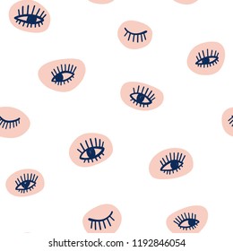 Hand drawn eye doodles icon seamless pattern in retro pop up style. Vector beauty illustration of open and close eyes for cards, textiles, wallpapers, backgrounds.