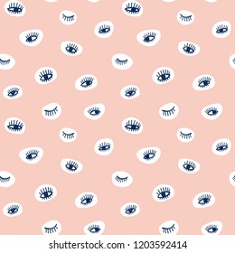 Hand drawn eye doodles icon seamless pattern in retro pop up style. Vector beauty illustration of open and close eyes for cards, textiles, wallpapers, backgrounds.