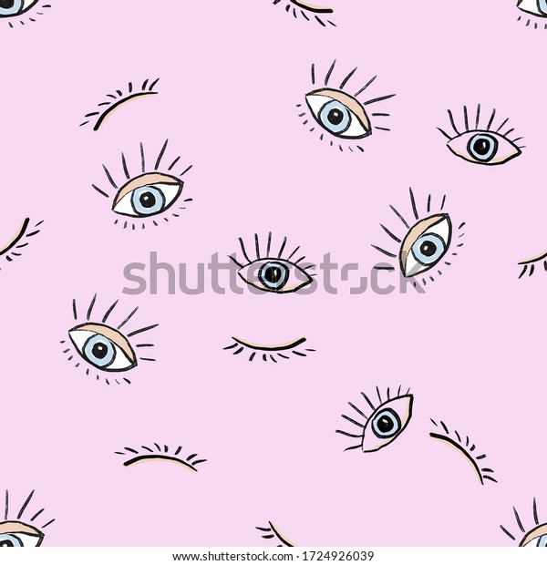 Hand drawn eye doodles icon seamless pattern\
.Vector beauty illustration of open and close eyes for cards,\
textiles, wallpapers,\
backgrounds.
