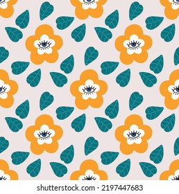 Hand drawn eye doodles and leaves seamless pattern. Evil eyes. Vector illustration. Perfect for wallpapers, web page backgrounds, surface textures, textile.