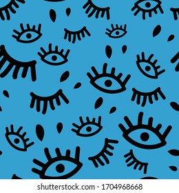 Hand drawn eye and eyelash background - colors of black and blue. Seamless repeating background