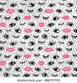 Hand drawn eye, eyelash, pink lips doodles seamless pattern in retro style. Vector beauty illustration of open and close eyes for cards, textiles, wallpapers, backgrounds.