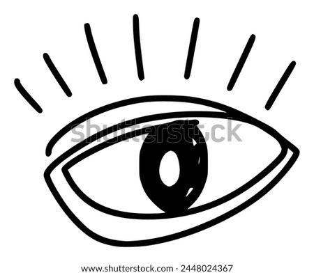 Hand drawn eye icon in simple doodle style. Open black eye with lines. Monochrome design