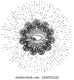 Hand drawn eye iris as element of All seeing eye of providence variation in decorative circle.  Black work tattoo flash of Masonic symbol design. Sacred religion, spirituality and occultism. Vector.