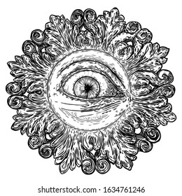 Hand drawn eye iris as element of All seeing eye of providence variation in decorative circle.  Black work tattoo flash of Masonic symbol design. Sacred religion, spirituality and occultism. Vector.