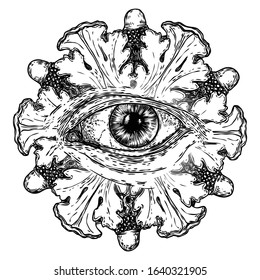 Hand drawn eye iris as element of All seeing eye of providence variation in decorative circle.  Black work tattoo flash of Masonic symbol design. Sacred religion, spirituality and occultism. Vector.