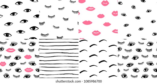 Hand drawn eye, pink lips doodles seamless pattern set in retro style. Vector beauty illustration of open and close eyes for cards, textiles, wallpapers, backgrounds.