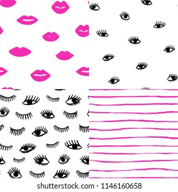 Hand drawn eye, pink lips doodles seamless pattern set in retro style. Vector beauty pop art illustration of open and close eyes for cards, textiles, wallpapers, backgrounds.