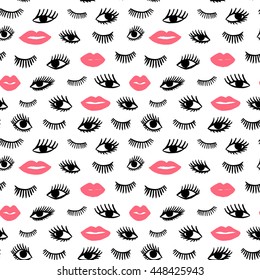 Hand drawn eye, pink lips doodles seamless pattern in retro style. Vector beauty illustration of open and close eyes for cards, textiles, wallpapers, backgrounds.