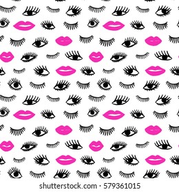 Hand drawn eye, pink lips doodles seamless pattern in retro style. Vector beauty illustration of open and close eyes for cards, textile, background.