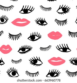 Hand drawn eye, pink lips doodles seamless pattern in retro style. Vector beauty illustration of open and close eyes for cards, textiles, wallpapers, backgrounds.