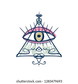 Hand drawn Eye of Providence stylized symbol. Triangle pyramid. Boho alchemy symbol tattoo or sticker. Isolated editable EPS