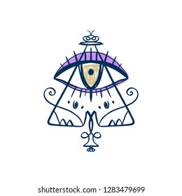 Hand drawn Eye of Providence stylized symbol. Triangle pyramid. Boho alchemy symbol tattoo or sticker. Isolated editable EPS