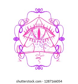 Hand drawn Eye of Providence stylized symbol on white background. Triangle pyramid. Boho alchemy symbol tattoo or sticker. Isolated editable EPS