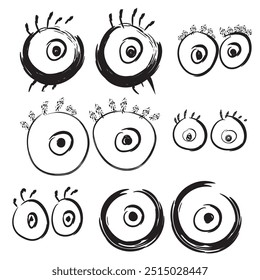 Conjunto de ojo dibujado a mano. Boceto de doodle óptico, dibujo de la vista, Elementos de diseño de ojos garabatos grabados, globo ocular en estilo retro blanco negro, Ilustración vectorial de ojos