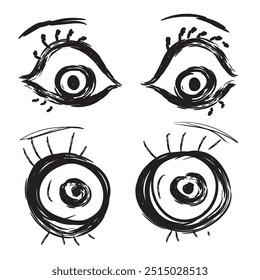 Conjunto de ojo dibujado a mano. Boceto de doodle óptico, dibujo de la vista, Elementos de diseño de ojos garabatos grabados, globo ocular en estilo retro blanco negro, Ilustración vectorial de ojos