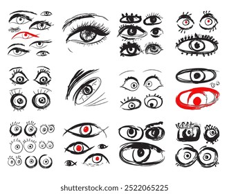 Conjunto de ojo dibujado a mano. Boceto de doodle óptico, dibujo de la vista, Elementos de diseño de ojos garabatos grabados, globo ocular en estilo retro blanco negro, Ilustración vectorial de ojos