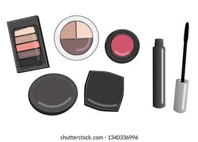 Hand drawn eye shadows. Closed palette. open mascara tube