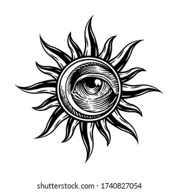 Hand Drawn The Eye Of  Sun And Moon, Engraving Style, Nice For Tattoo, T-shirt, Patch, Sticker, Emblem, Etc.