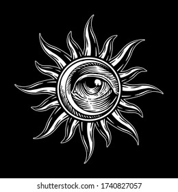 Hand drawn The Eye of  sun and moon, engraving style, nice for tattoo, t-shirt, patch, sticker, emblem, etc.