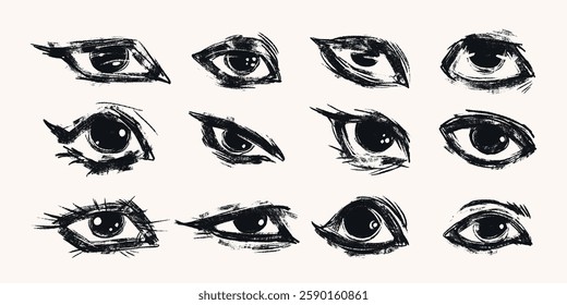 Hand Drawn Eyes with Bulky Lines and Grunge Texture. Abstract and funny eye collection isolated on white background