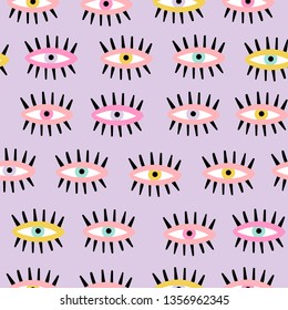 Hand drawn eyes and lashes. Abstract contemporary seamless pattern. Modern trendy vector illustration. Purple background. Perfect for textile prints