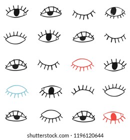 Hand drawn eyes pattern. Seamless pattern with black, red and blue eyes on white background