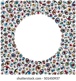 Hand drawn eyes round frame vector. Eye doodles abstract background