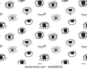 Hand drawn eyes semaless pattern on white background. For backgrounds, packaging, textile. Flat vector illustration. 