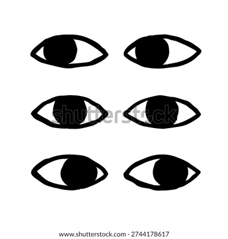 Hand Drawn Eyes Set stylized human eyes in a simple minimalist style. Ink black hand drawn line illustration on white background. Eyes looking left, front and right for design projects, icons, posters, and symbolic concepts related to vision and observation.