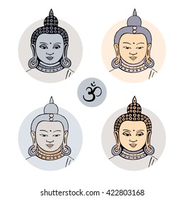 Hand drawn face of Buddha. Vector illustration, isolated on white background.