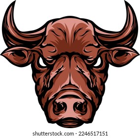 Hand drawn face of bull. Color illustration buffalo mascot art.