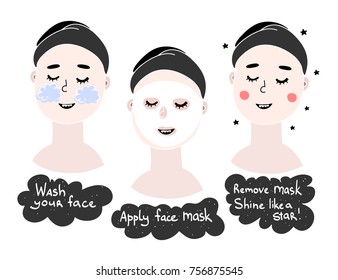 Hand drawn face care procedure. Colored vector illustration. Everyting is isolated