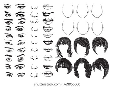 Hand Drawn Face Constructor, Eyes, Lips, Noses And Hair, Vector Woman Face Parts, Head Character. Vector Illustration