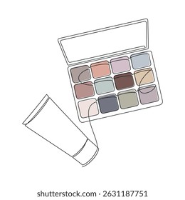 Tubo de creme de rosto desenhado à mão e vetor de paleta de sombra. Ícone de maquiagem, desenho contínuo de uma linha. Silhueta linear do produto de beleza. Cosméticos impressão mínima, banner, cartão, cartaz, brochura, logotipo.
